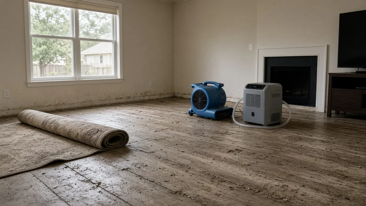 Living room with warped laminate floors, a muddy waterline on the walls, and drying equipment after floodwater receded
