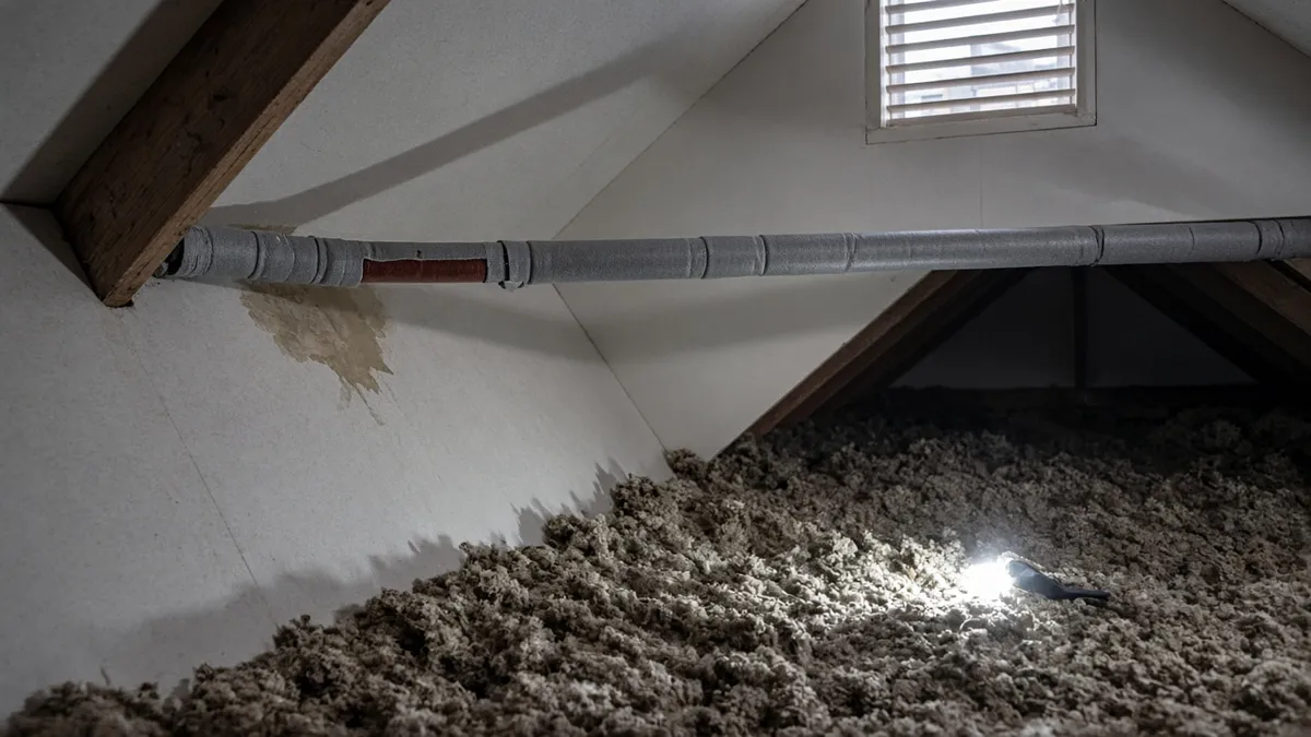 Insulated water lines running through a home attic before a freeze