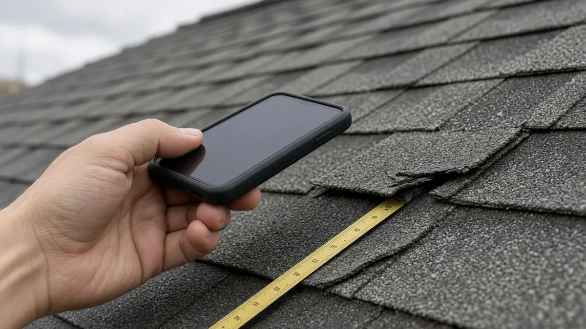 Photographing creased shingles with a tape measure for scale