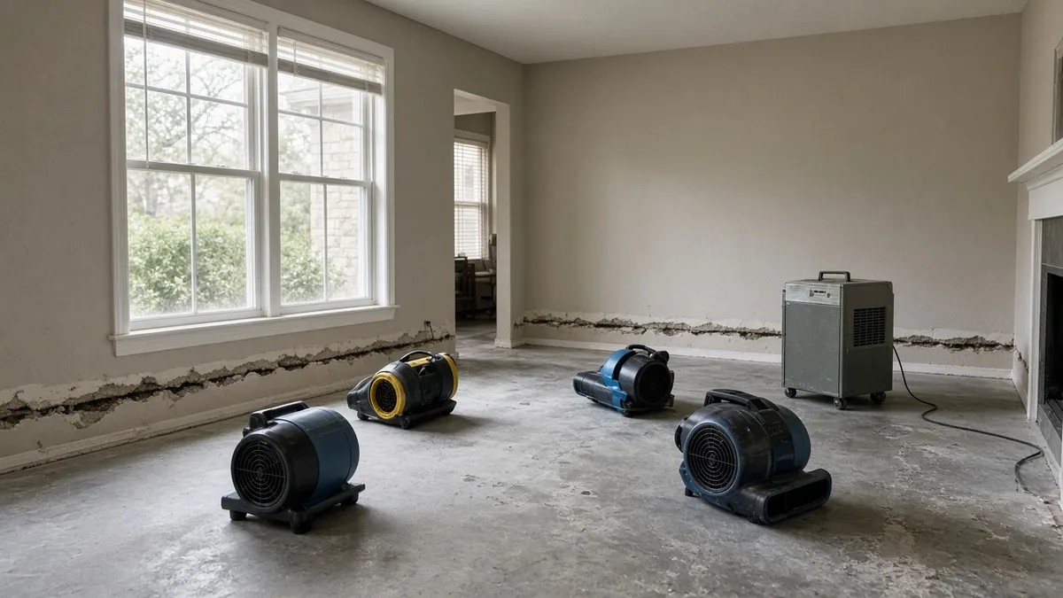 Air movers and a dehumidifier drying walls and floors after a water loss