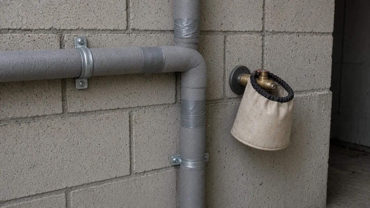 Exposed water pipes wrapped in foam insulation with a covered hose bib
