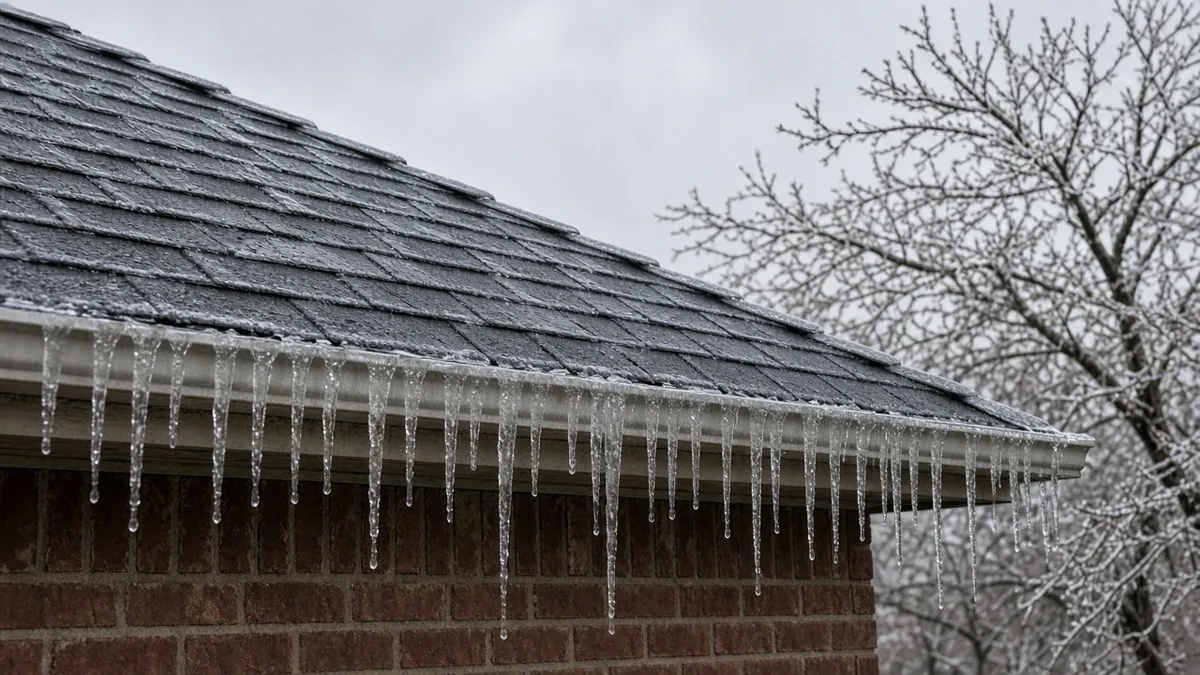 Ice hanging from the gutter and shingle edge of a North Texas home after a winter storm