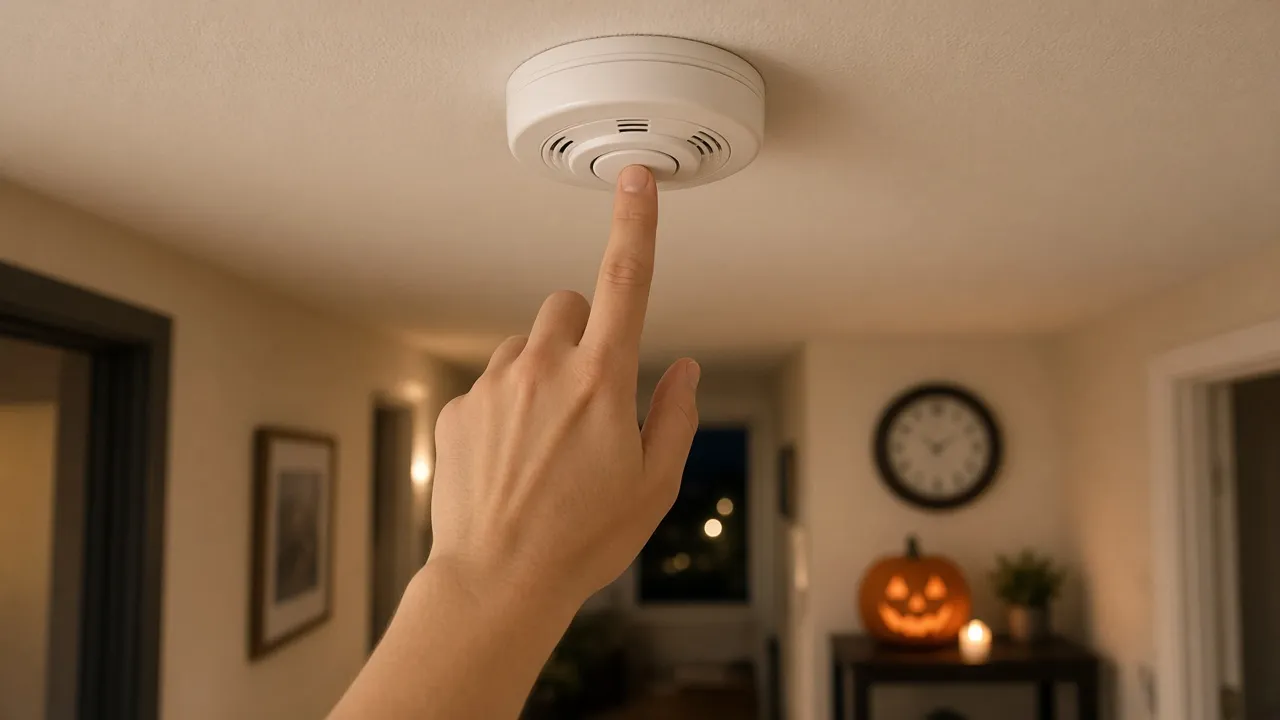 Hand pressing the test button on a white ceiling smoke alarm in a home hallway, with a wall clock and a glowing jack-o'-lantern on a side table