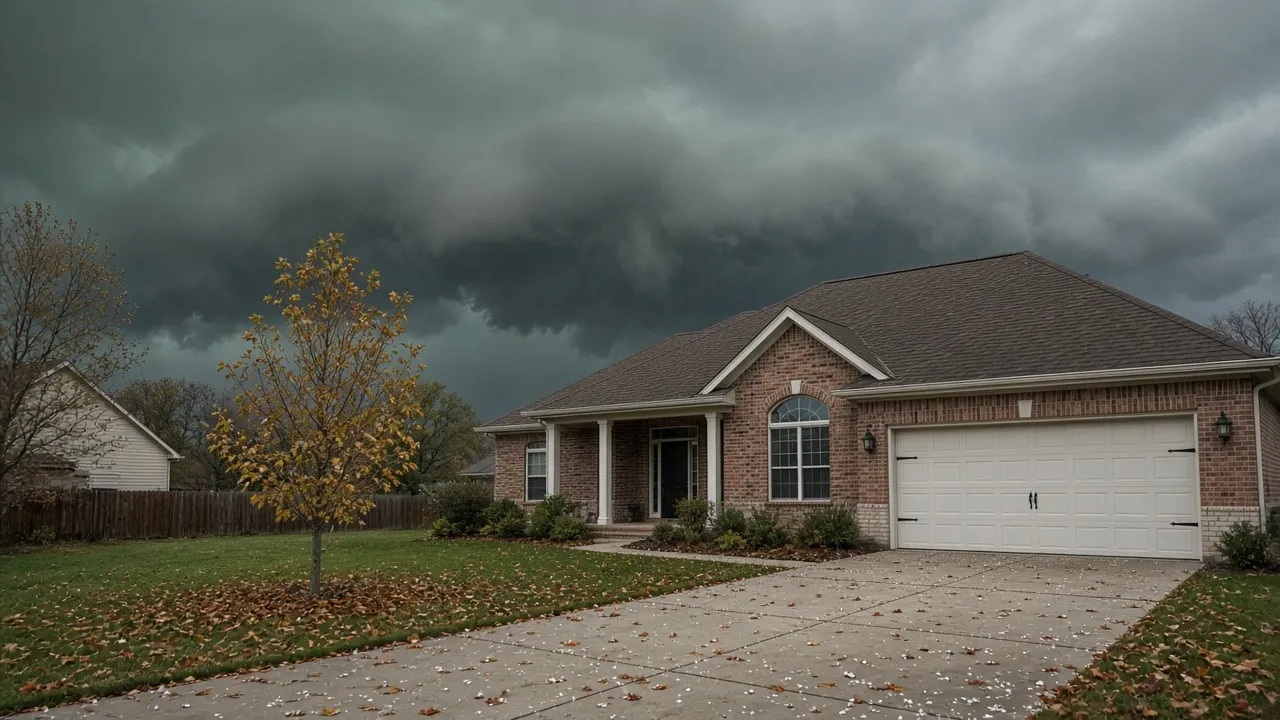 Brick North Texas home with a shingle roof under a dark fall storm cloud, with small hailstones scattered across the driveway