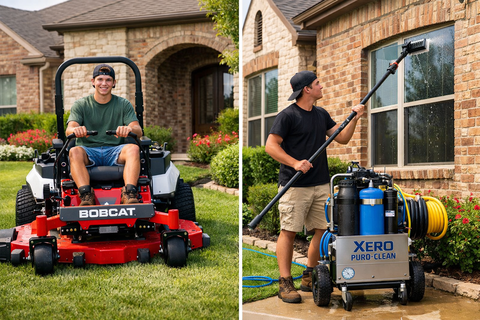 landscaping and window washing young 18 year old on a texas home bobcat lawnmower and xero puro clean washing system-1