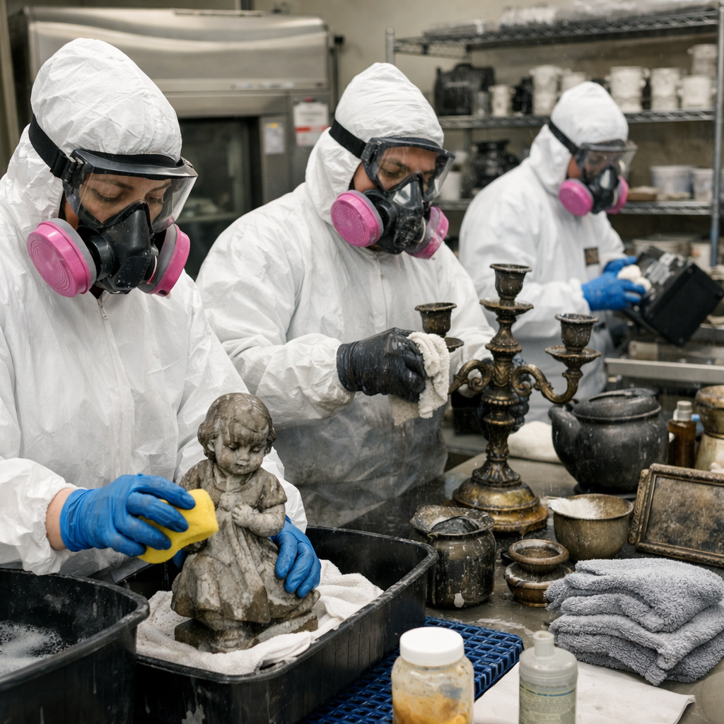 photo of operators in PPE cleaning items damaged by smoke-1
