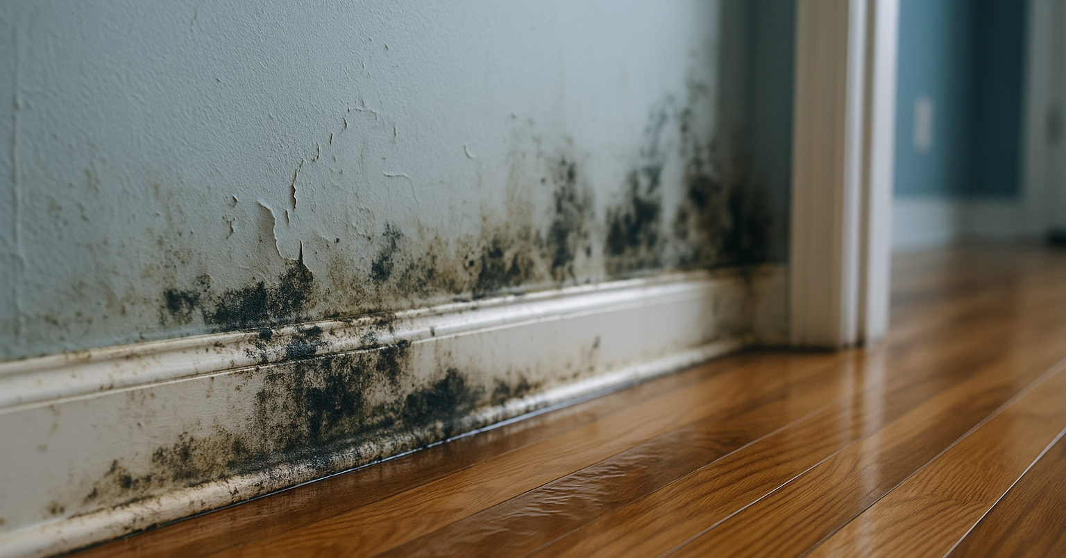 photographic Black mold damage within a nice home that has had flooding issues Focus on the water damage aspect with the mold subtle but noticeable No-1-1