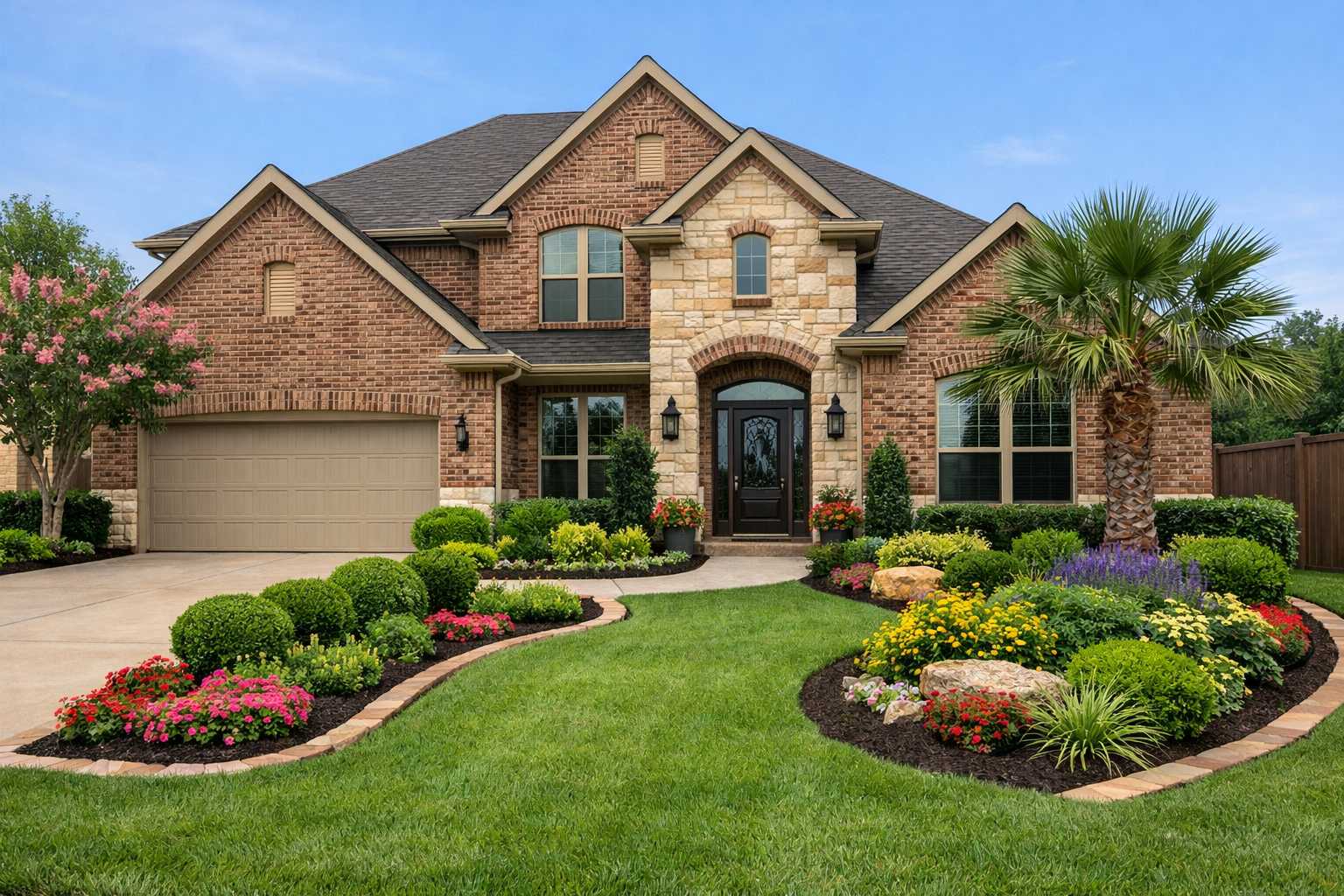 landscaped front yard with mulch beds in Prosper TX