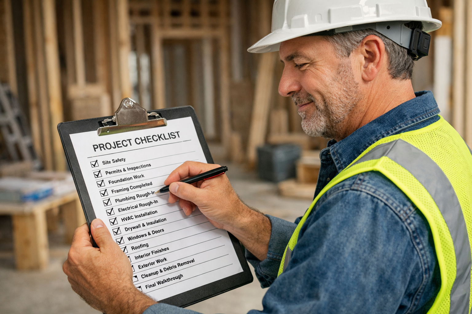 General Contractor checking off a comprehensive checklist
