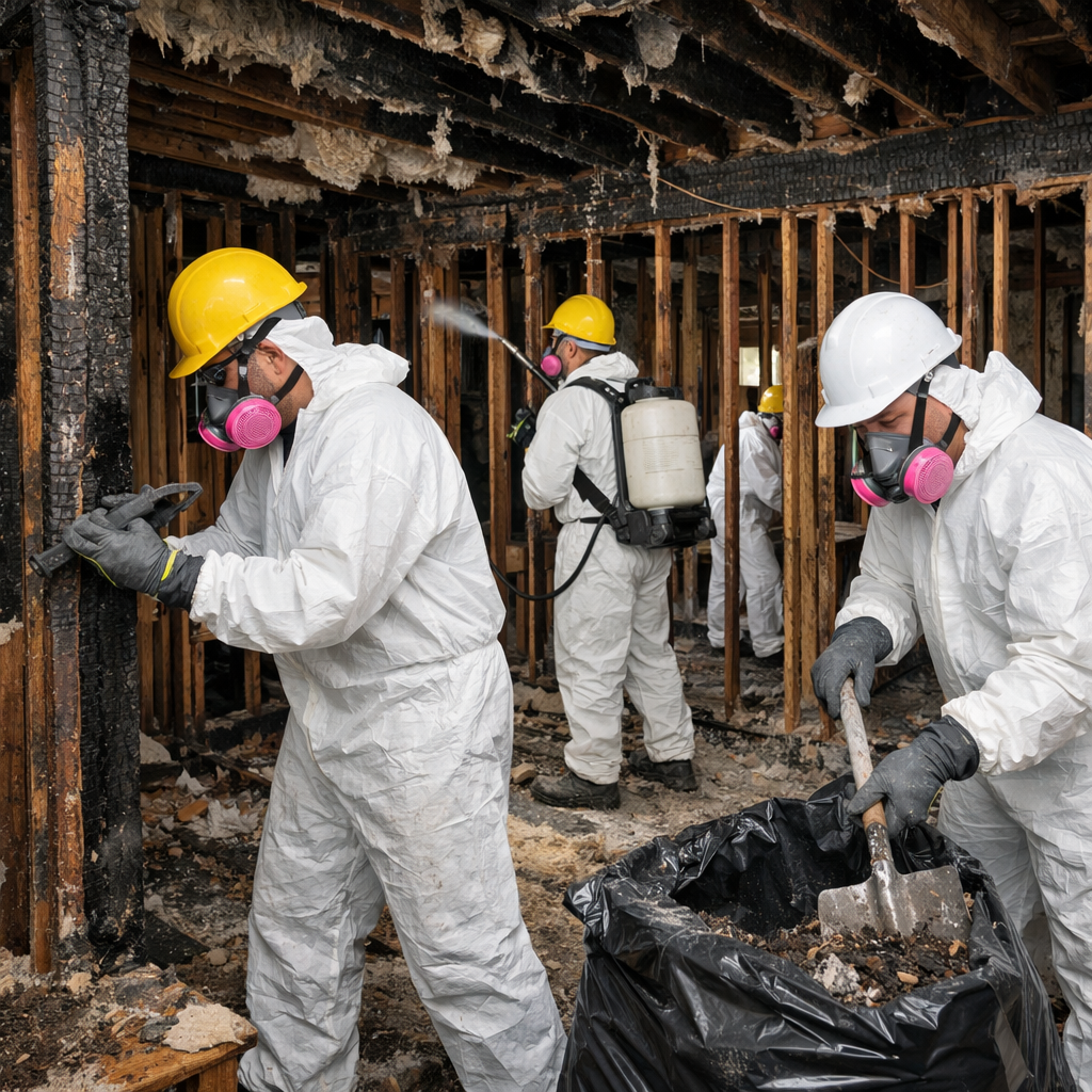fire mitigation crew in ppe masks and full protective suits working on the interior of a fire damage home where the interior has been removed to the s