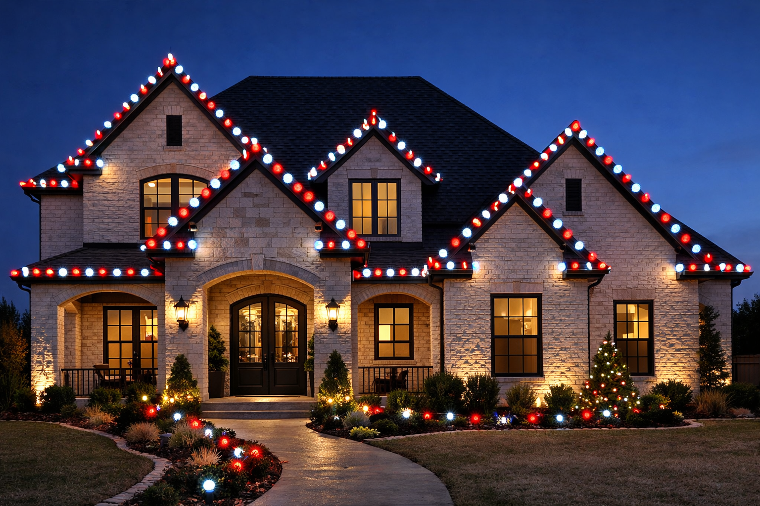 medium large texas home white brick charcoal roof alternating redcool white c9 lights