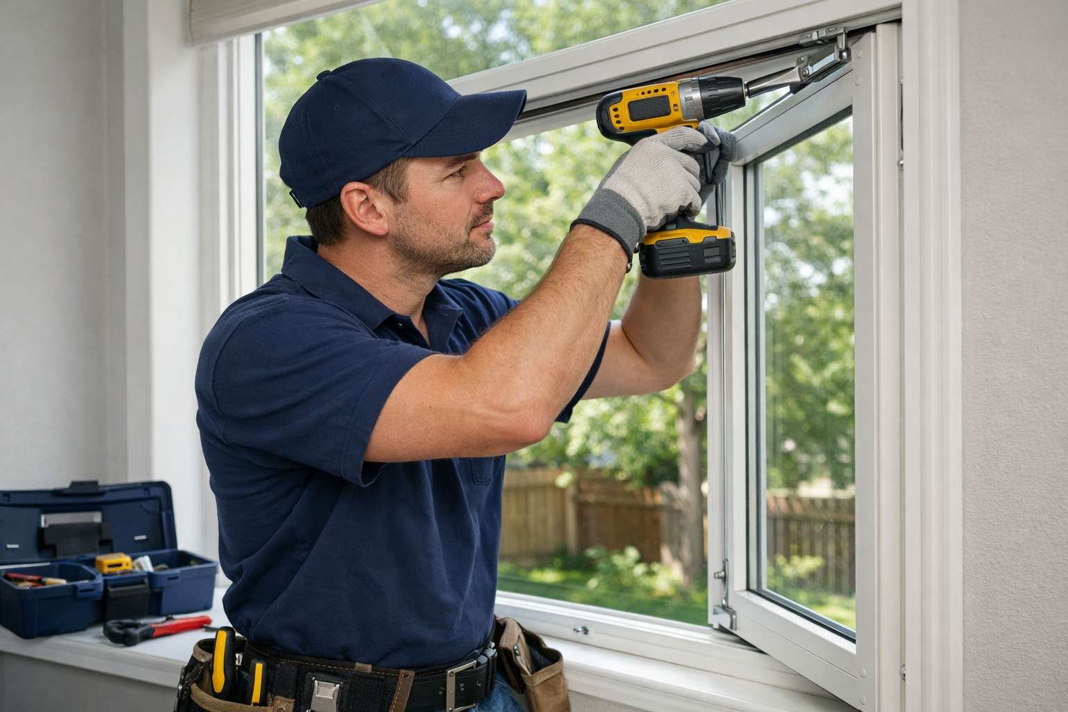 technician performing maintenance on a window