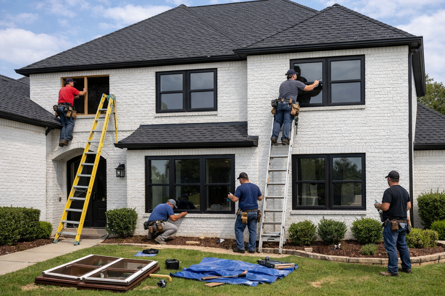 window replacement on a standard upper middle class Texas Home that has white brick a charcoal roof and black framed windows