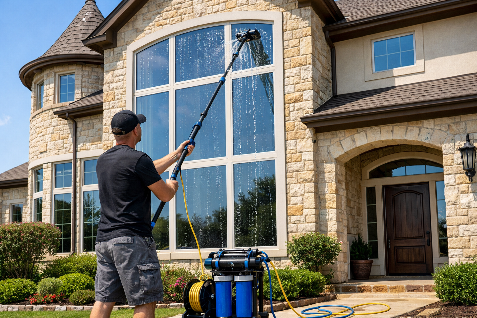 window washing on a medium to large texas home with beautiful large picture frame windows using xero plus equipment no logo on the shirt-1
