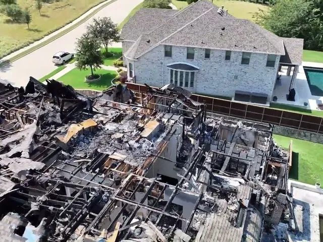 Aerial view of a fire-damaged home before restoration